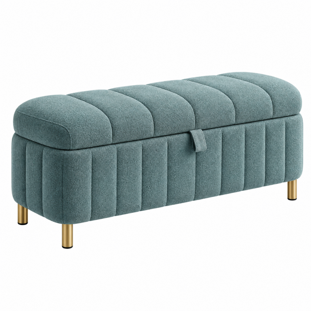 Sitzbank mit Stauraum 110 x 45 x 45 cm Bouclé-Stoff Blaugrün gepolstert