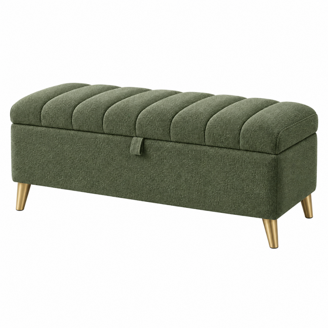 Sitzbank mit Stauraum 110 x 40 x 45 cm Bouclé-Textil Grün Gold - gepolsterte Aufbewahrungsbank