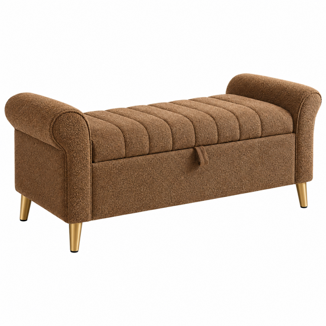 Sitzbank 140 x 50 x 65 cm Teddy-Polyester Braun mit Stauraum und Metallfüßen