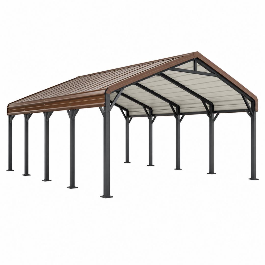 Carport 600 x 300 x 270 cm Stahl Kunststoff Braun Schwarz für Fahrzeuge mit Satteldach
