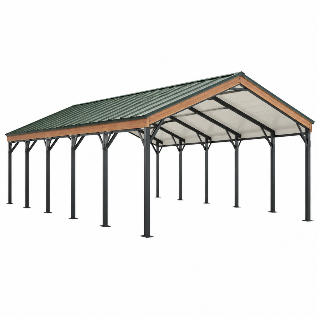 Carport 1200 x 600 x 320 cm Stahl Holz Grün freistehend mit Satteldach