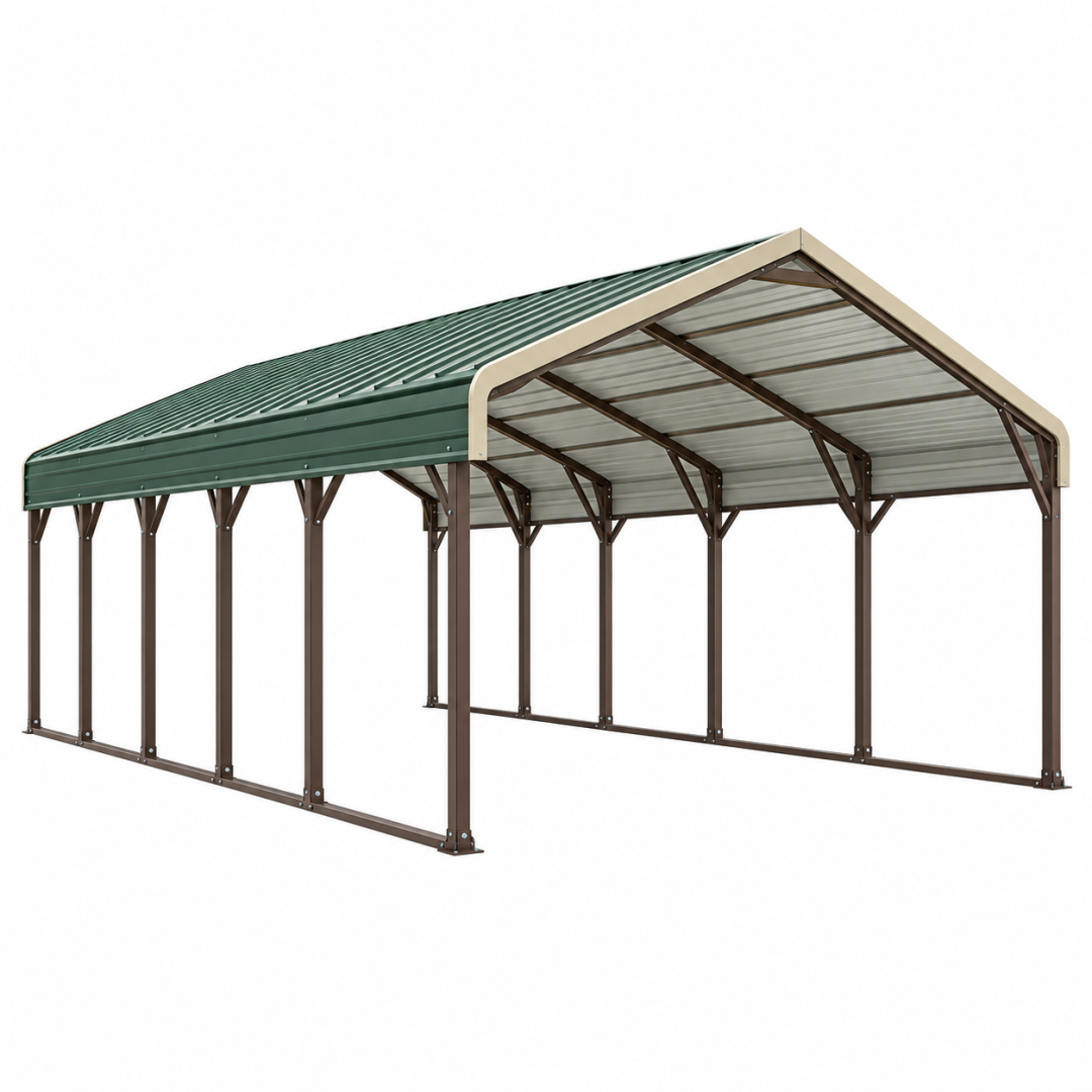 Carport 600 x 300 x 270 cm aus Stahl in Grün Braun mit Satteldach