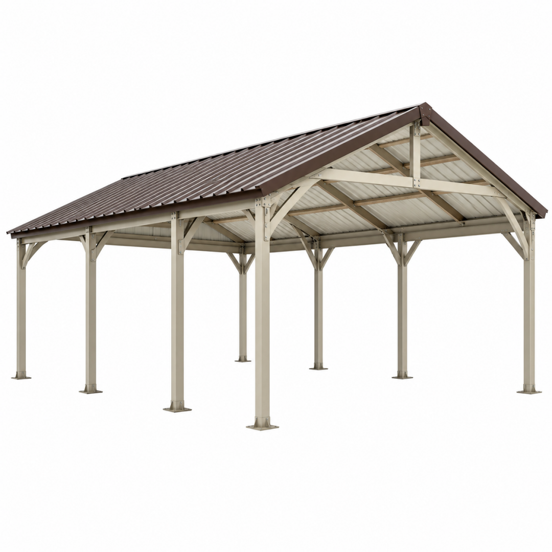 Carport 600 x 300 x 270 cm aus Stahl Beige Braun mit Satteldach