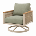 Drehsessel 85 x 80 x 89 cm mit Metallgestell Seilgeflecht und Holzarmlehnen in Salbeigrün Taupe für Terrasse