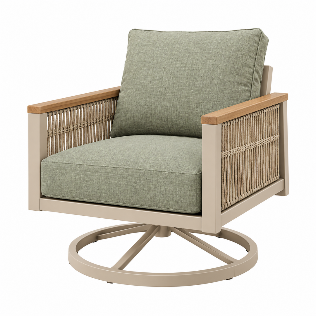 Drehsessel 85 x 80 x 89 cm mit Metallgestell Seilgeflecht und Holzarmlehnen in Salbeigrün Taupe für Terrasse