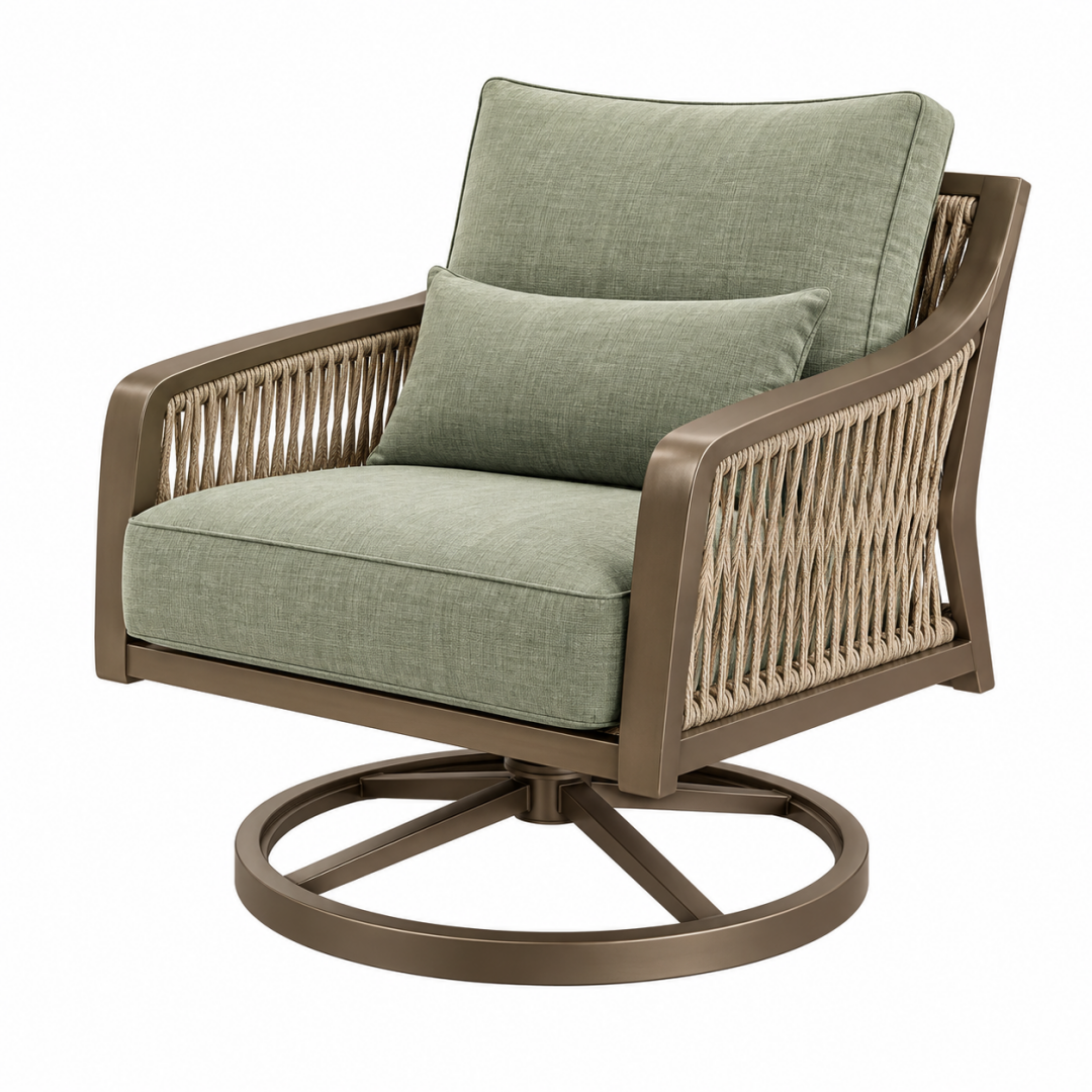 Drehsessel 85 x 88 x 92 cm mit Metallgestell in Olivgrün und Seilgeflecht für Terrasse