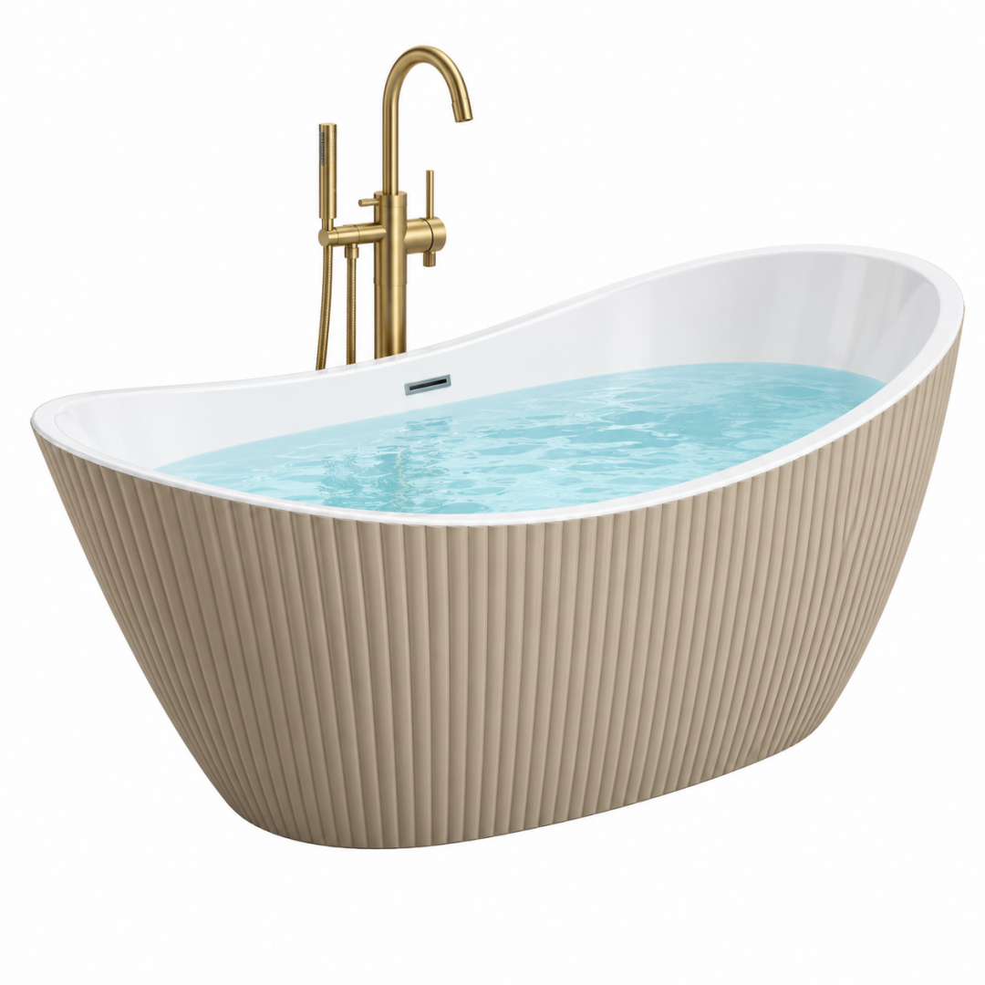 Freistehende Badewanne 170 75 58 cm Acryl Beige Weiß Gold für Badezimmer geriffelt