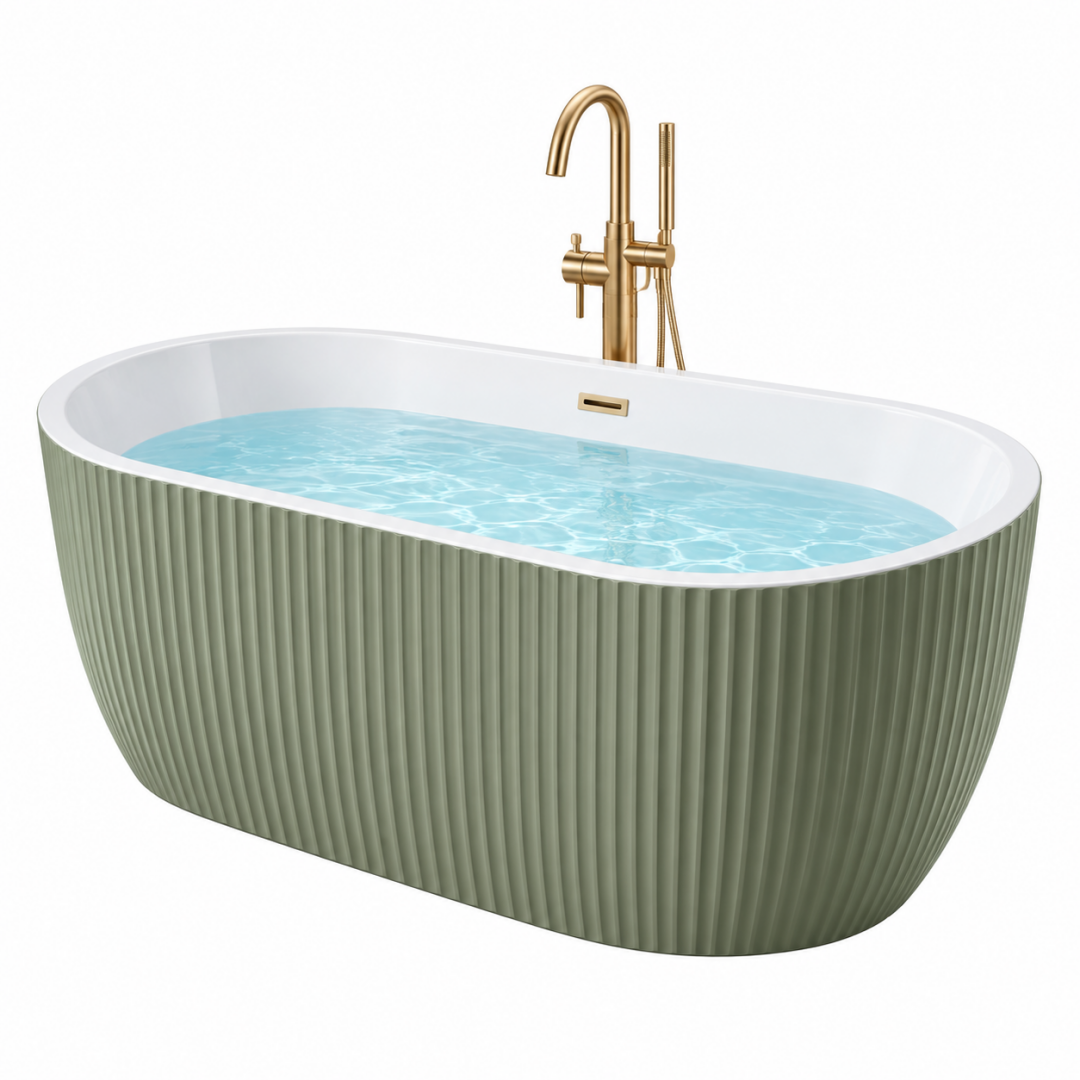 Freistehende Badewanne 170 x 75 cm aus Acryl in Salbeigrün Weiß - geriffelte Ovalform
