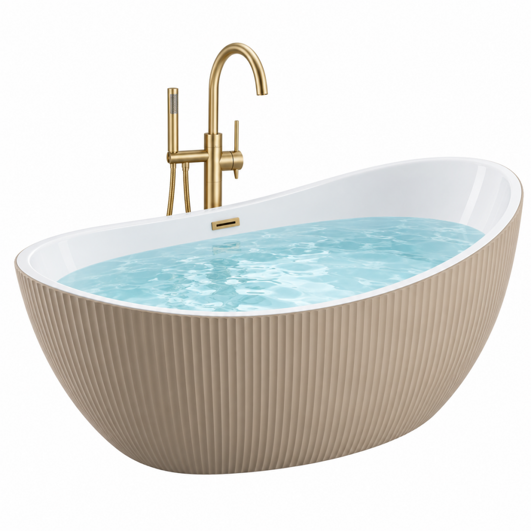 Freistehende Badewanne 170 x 75 x 58 cm Acryl Beige Weiß geriffelt oval